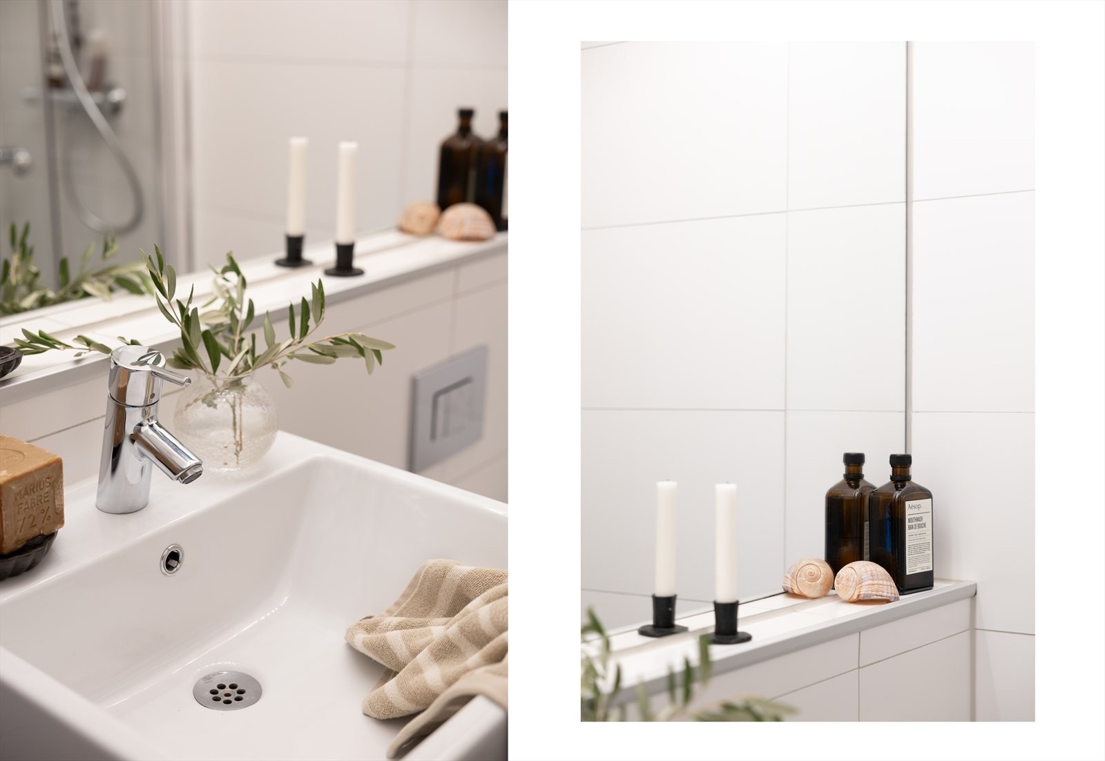 Badet er utstyrt med veggmontert toalett, servant og opplegg for vaskemaskin. Galleribilde
