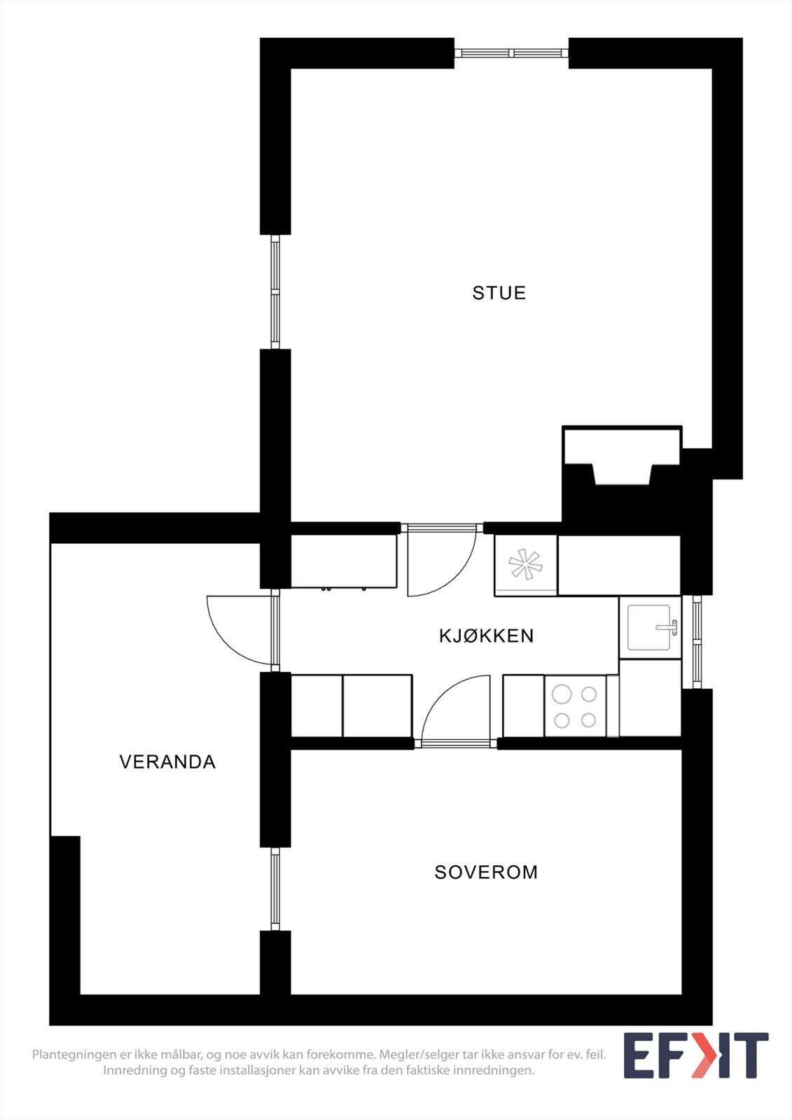 Hytta har en arealeffektiv planløsning med stue, kjøkken og soverom på ett plan. Galleribilde