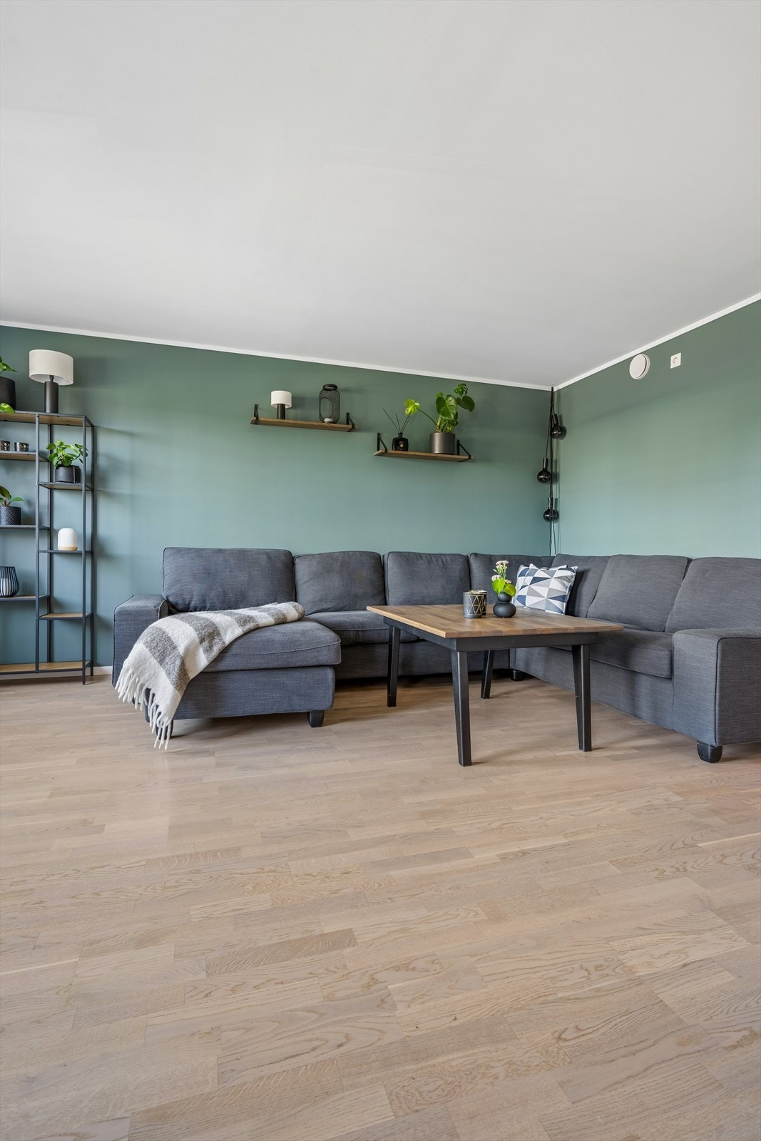 Stuen har parkett på gulv og god plass til en romslig sofagruppe. Galleribilde