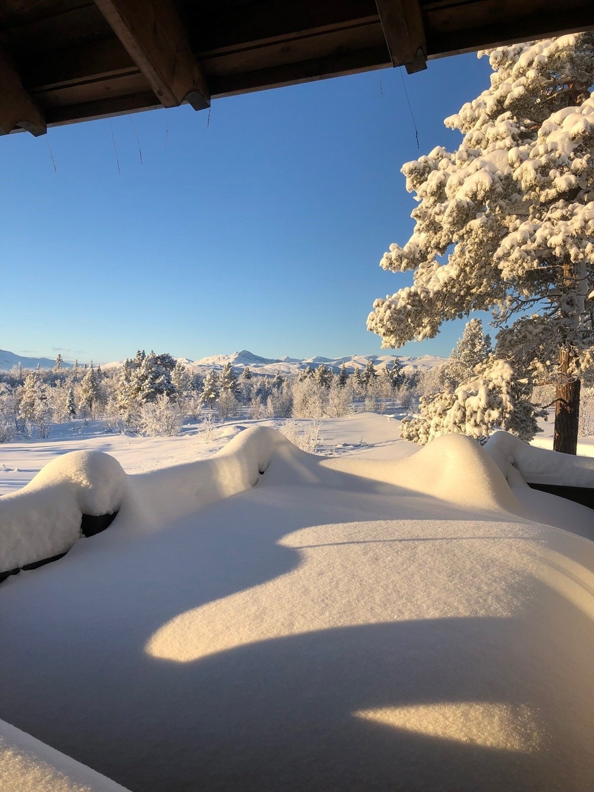 Utsikten fra hytta er like nydelig en klar vinterdag! (Selgers foto). Galleribilde