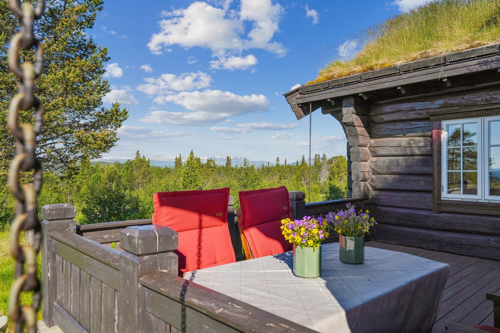 Fra eiendommen er det som nevnt nydelig utsikt over det vakre fjellandskapet, og de gode solforholdene kan nytes fra flere hyggelige uteplasser rundt hytta. Galleribilde