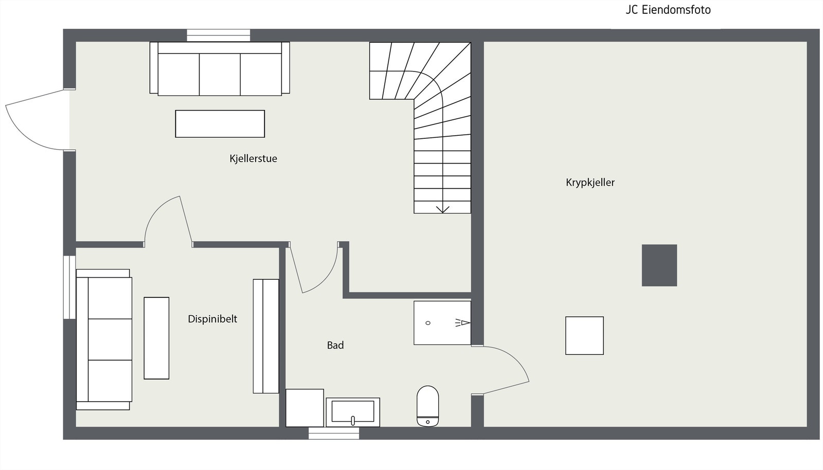 Plantegning kjeller - Kjelleren er innredet med kjellerstue, et disponibelt rom og et nytt bad/vaskerom. Galleribilde