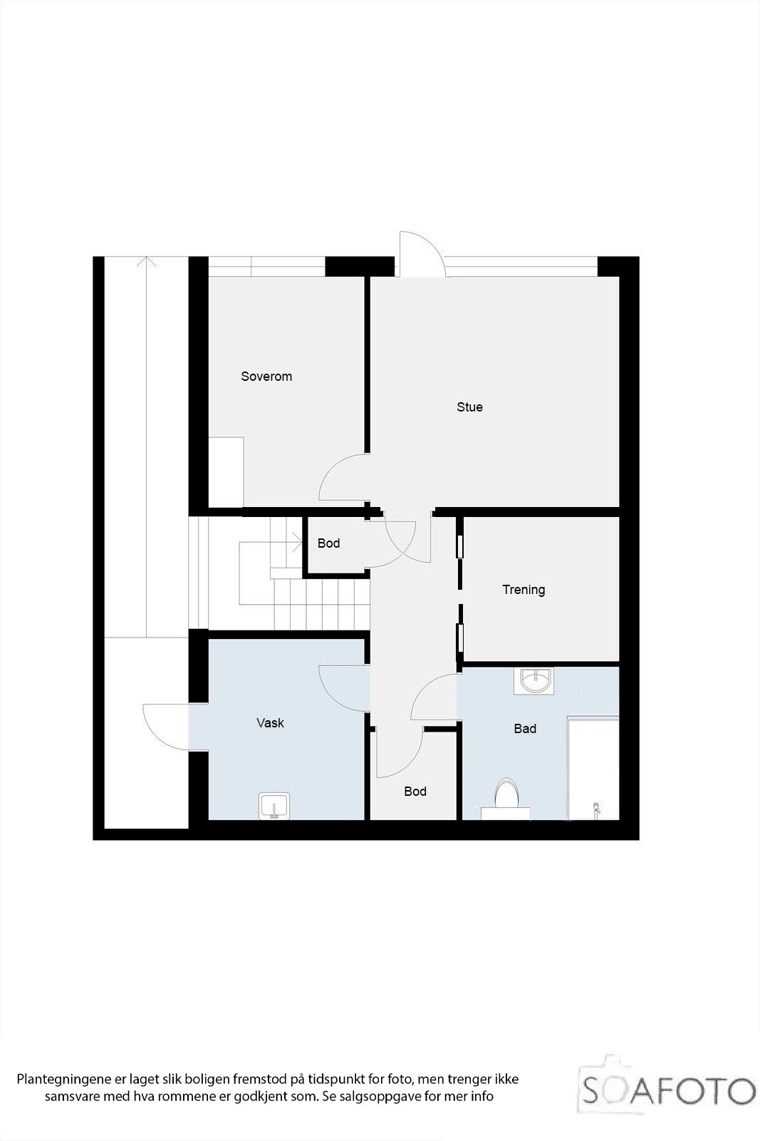 Sokkeletasje med soverom, stue, vaskerom med bi-inngang, bod/treningsrom, bod og komplett bad. Galleribilde