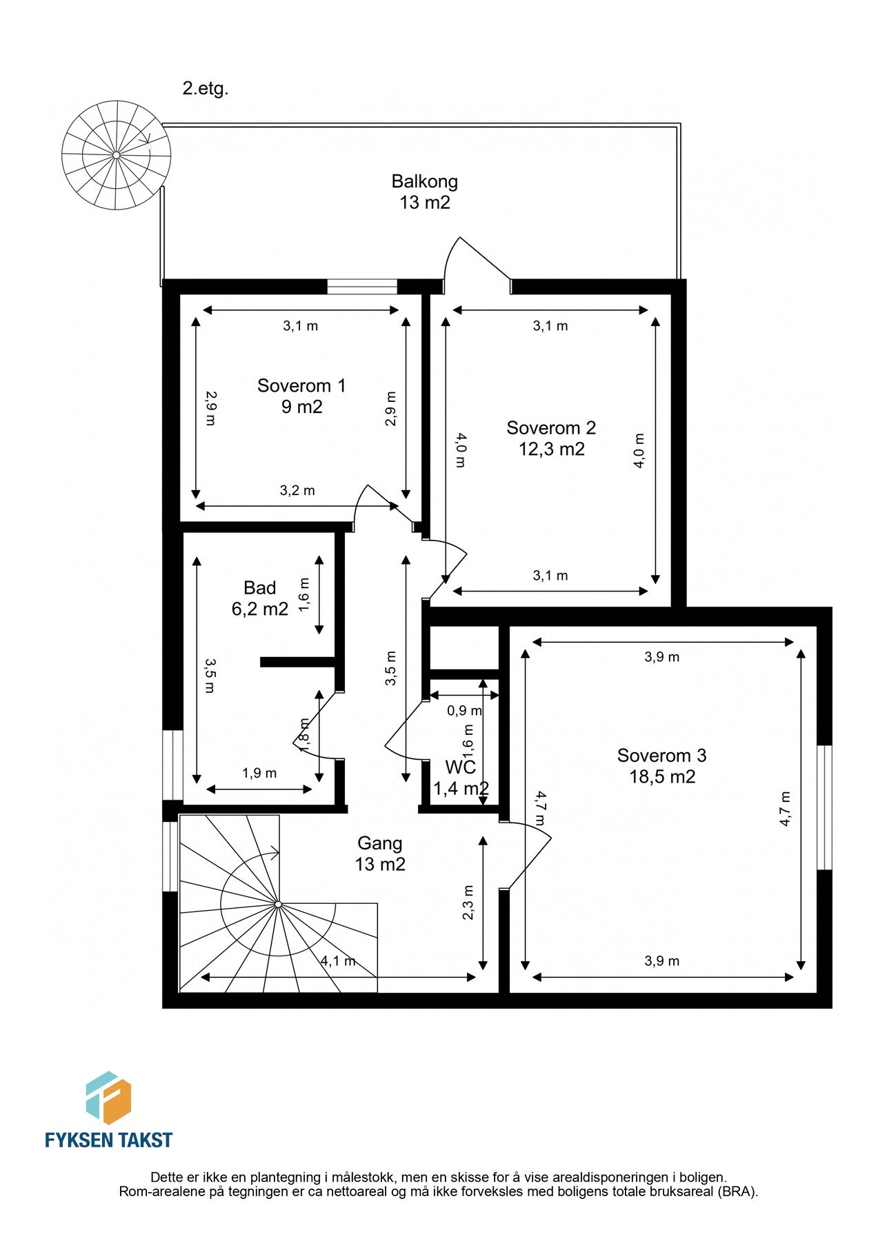 Målsatt planskisse 2.etasje. Galleribilde