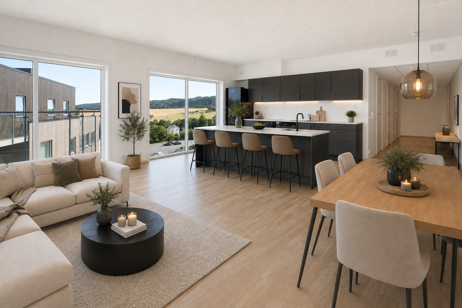 Stor stue med åpent kjøkken med hvitevarer. Gode muligheter for tilføring av kjøkkenøy om man ønsker dette. Bilder er digitalt møblert og redigert - avvik kan forekomme. Galleribilde