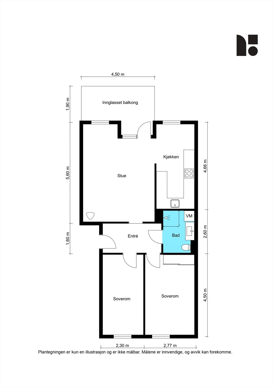 Plantegning - leiligheten ligger i byggets 4. etasje. Galleribilde