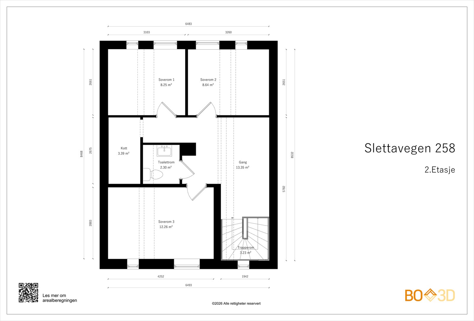 Plantegningen viser 2. etasje, som er innredet med tre soverom, gang, toalettrom og kott. Galleribilde
