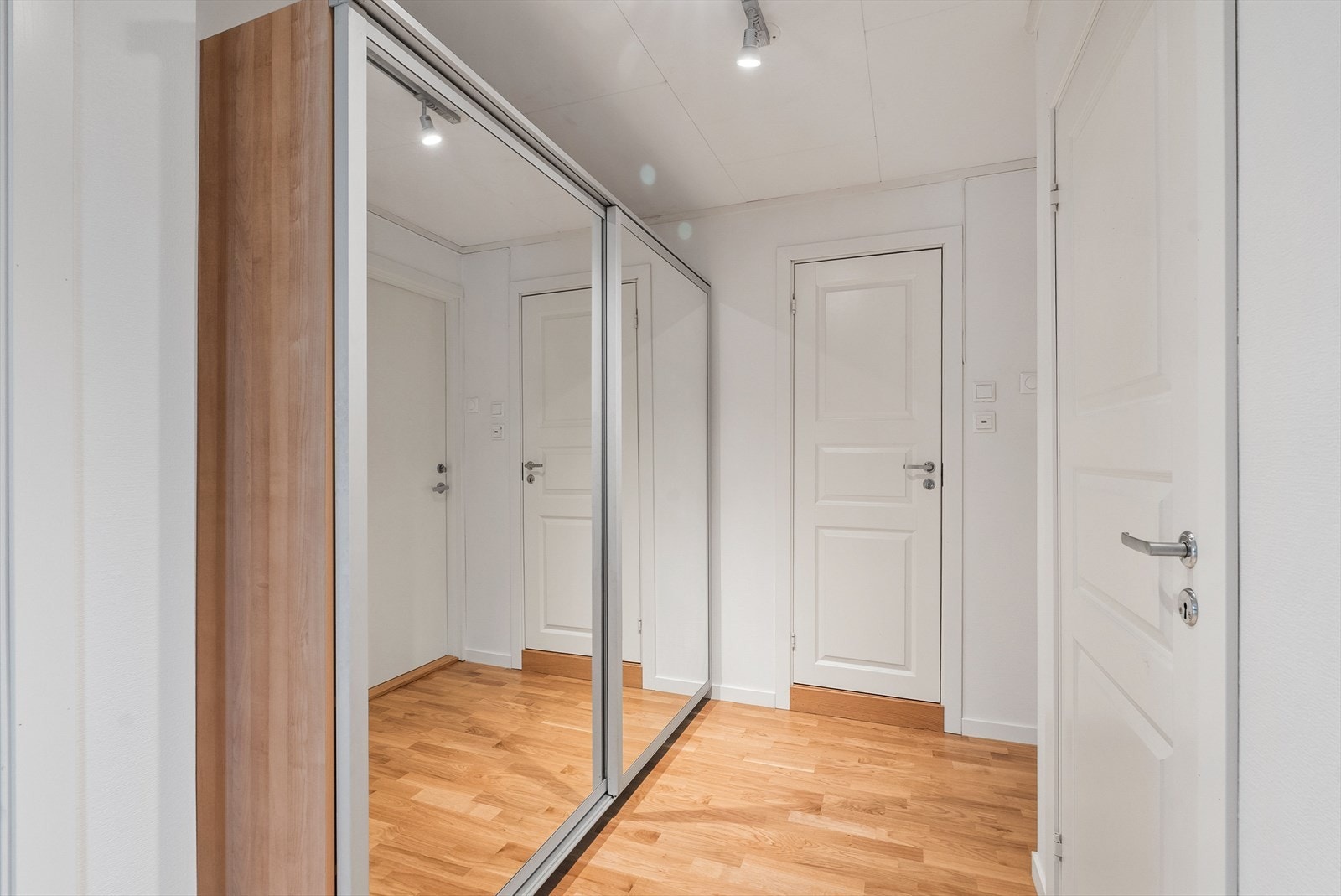 Praktisk entré og gang med adkomst til boligens øvrige rom. Galleribilde