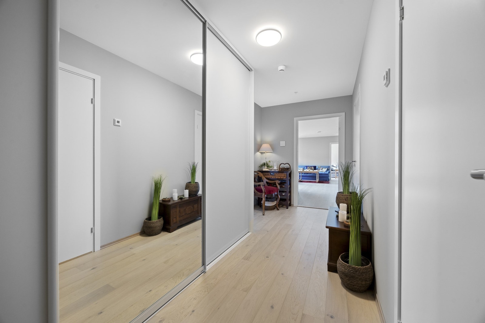 Romslig entré med skyvedørsgarderobe og laminatgulv. Galleribilde