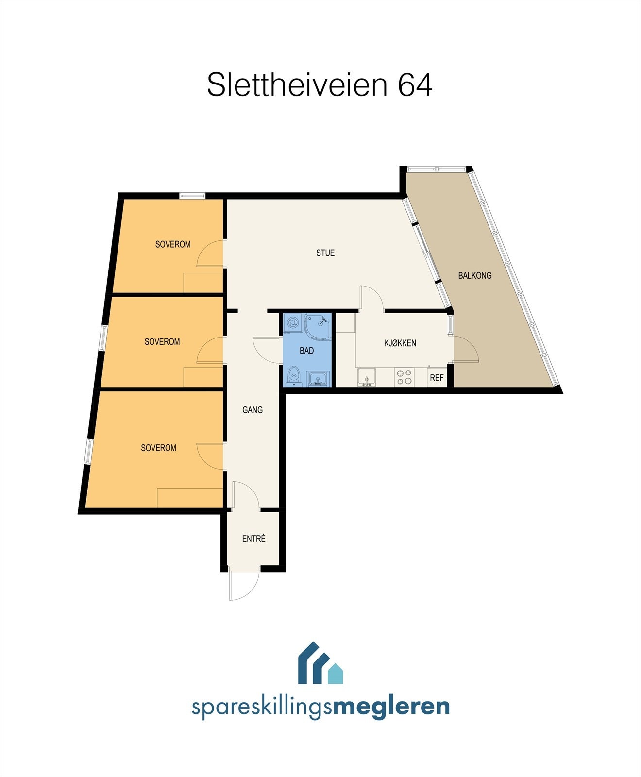 Praktisk planløsning med tre soverom, romslig stue, separat kjøkken og stor innglasset balkong Galleribilde