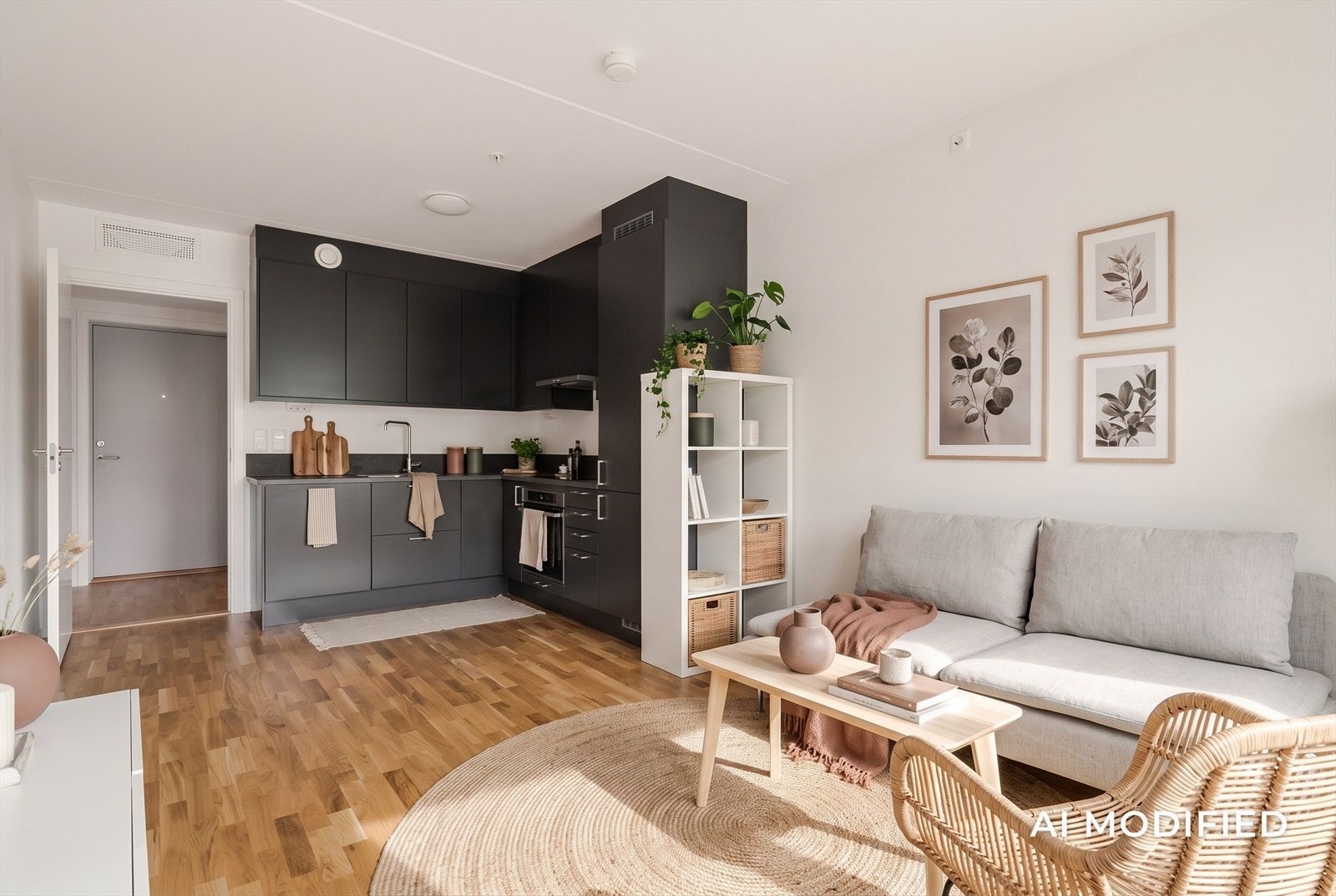 Kjøkkenet fremstår stilrent med mørke fronter, integrerte hvitevarer og en gjennomført utforming som står godt i stil med boligens moderne uttrykk. Bildet er redigert ved hjelp av KI, med forbehold om feil. Galleribilde