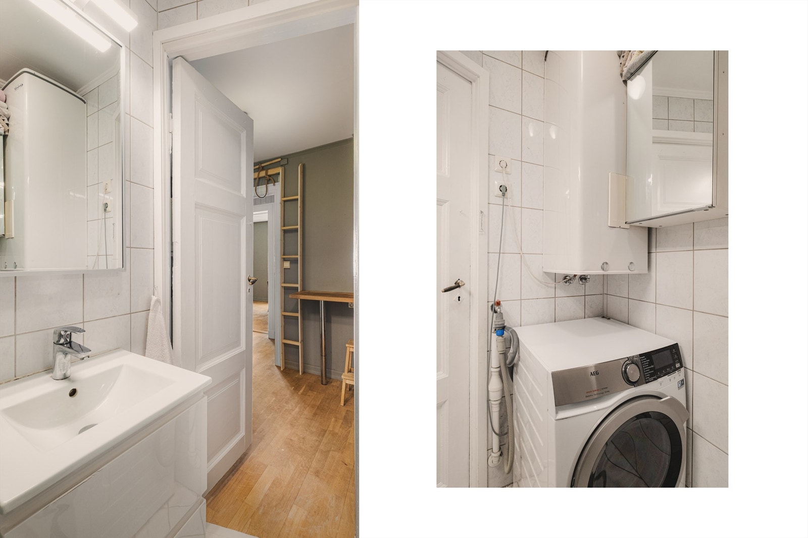 Badet har dusjhjørne med innfellbare dører og opplegg for vaskemaskin. Her er også varmvannsberederen plassert. Galleribilde