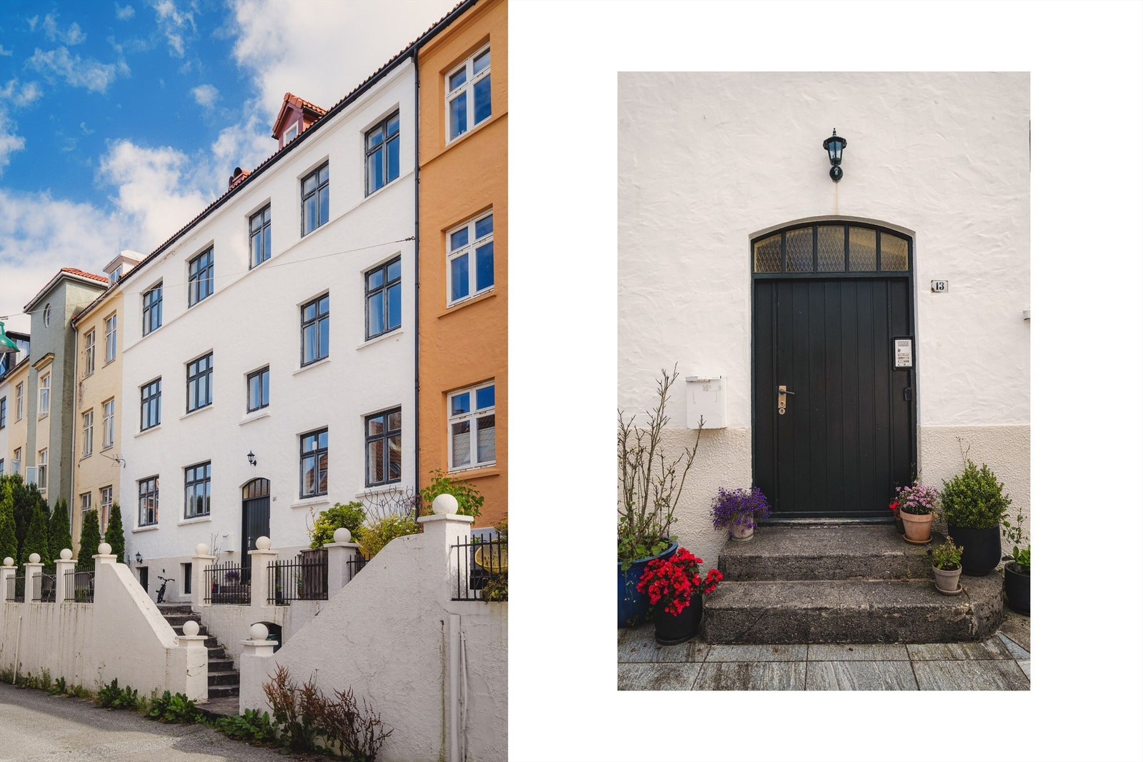 Klassisk inngangsparti i et flott murbygg med pusset fasade. Galleribilde