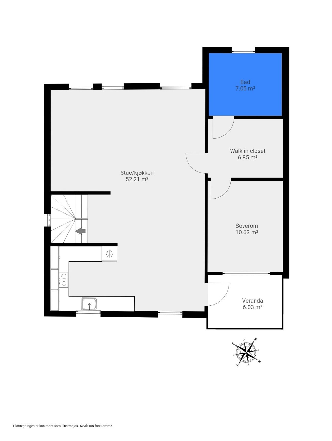 2. etasje utgjør boligens sosiale hovedplan, med en romslig stue-/kjøkkenløsning, soverom, walk-in closet og bad. Galleribilde