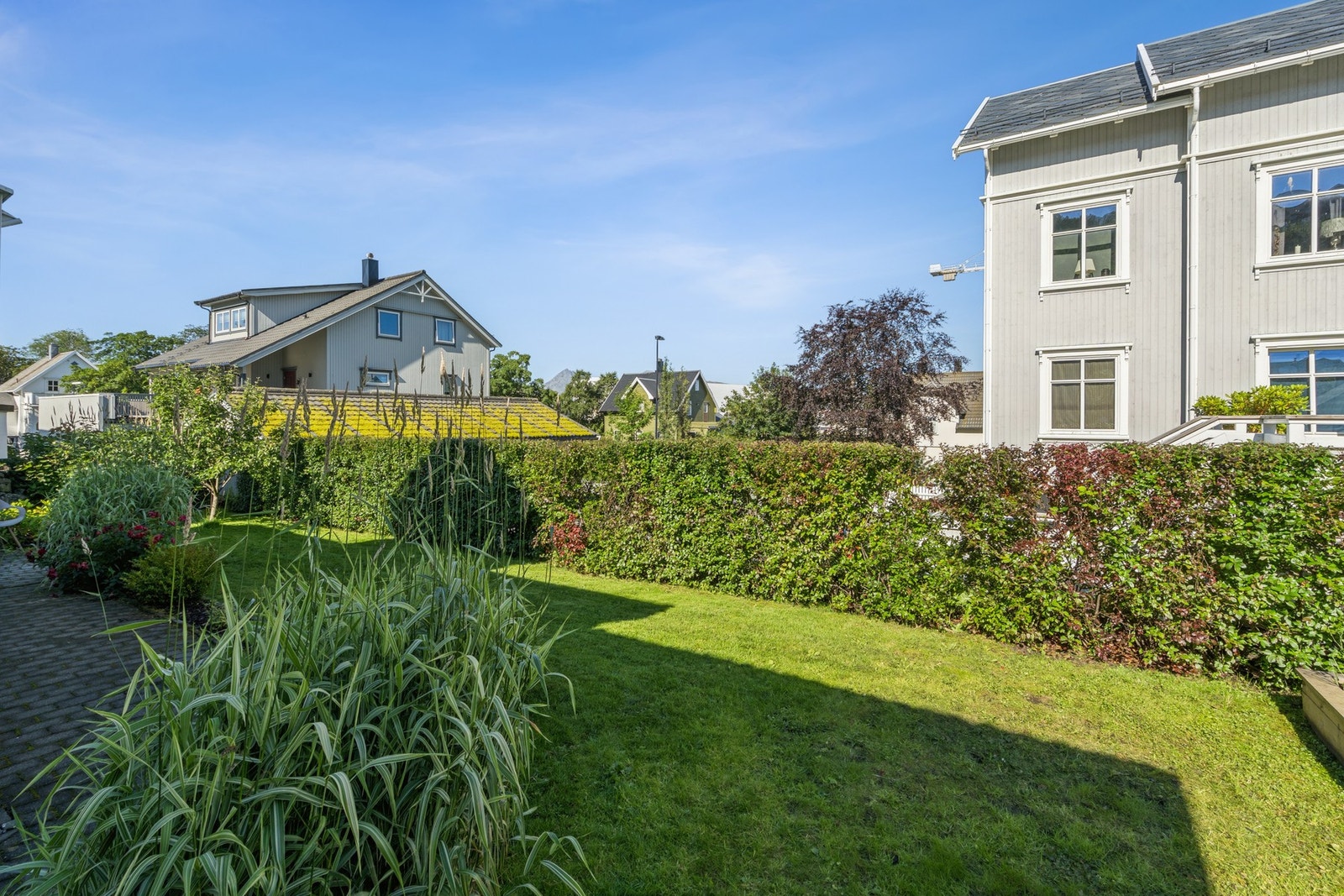 Hagen er pent opparbeidet med plen og hekk. Galleribilde