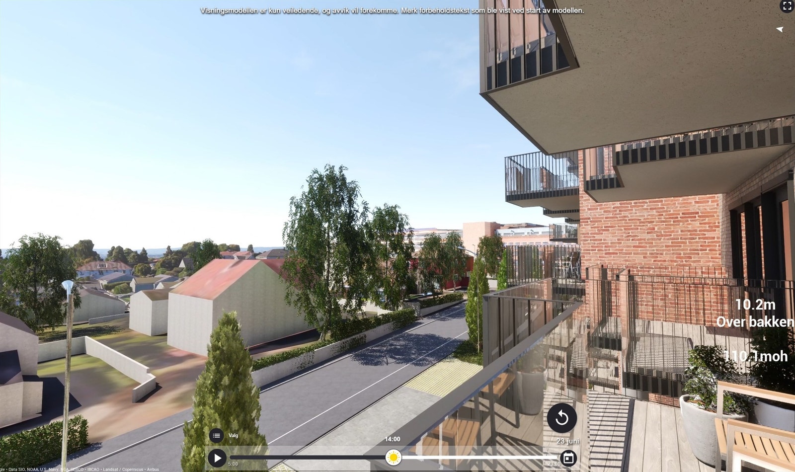 Illustrasjon | Utsyn fra den sørvestvendte balkongen på 7 m². Her er det meget gode solforhold (fra rundt kl.11:00 til kl.21:00, midtsommers). Avvik kan forekomme. Galleribilde