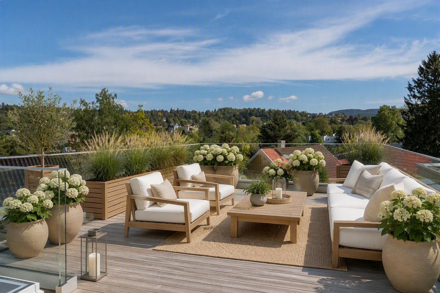 Takterrasse med høy trivselfaktor og nydelig utsikt. Digitalt stylet Galleribilde