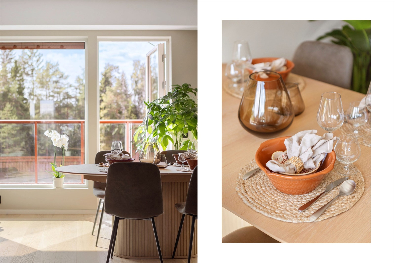 Spisestuen har utgang til den vestvendte balkongen og utsikt mot grøntområder. Galleribilde