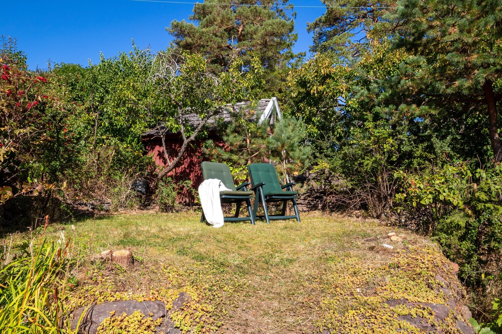 Den frodige hagen har variert beplantning, frukttrær og flere hyggelige soner for sittegrupper. Galleribilde