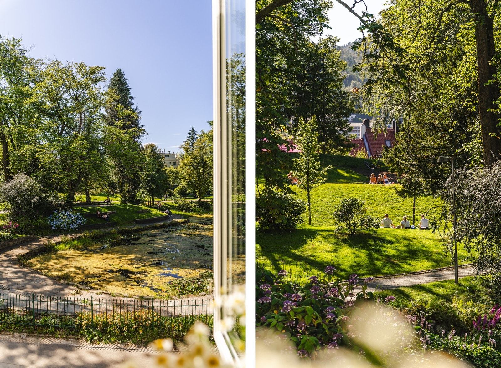 Nygårdsparken er en sosial plass for Bergensere med spill, lek og grilling på sommeren. På vinteren blir dammen utenfor noen ganger benyttet som skøytebane. Galleribilde