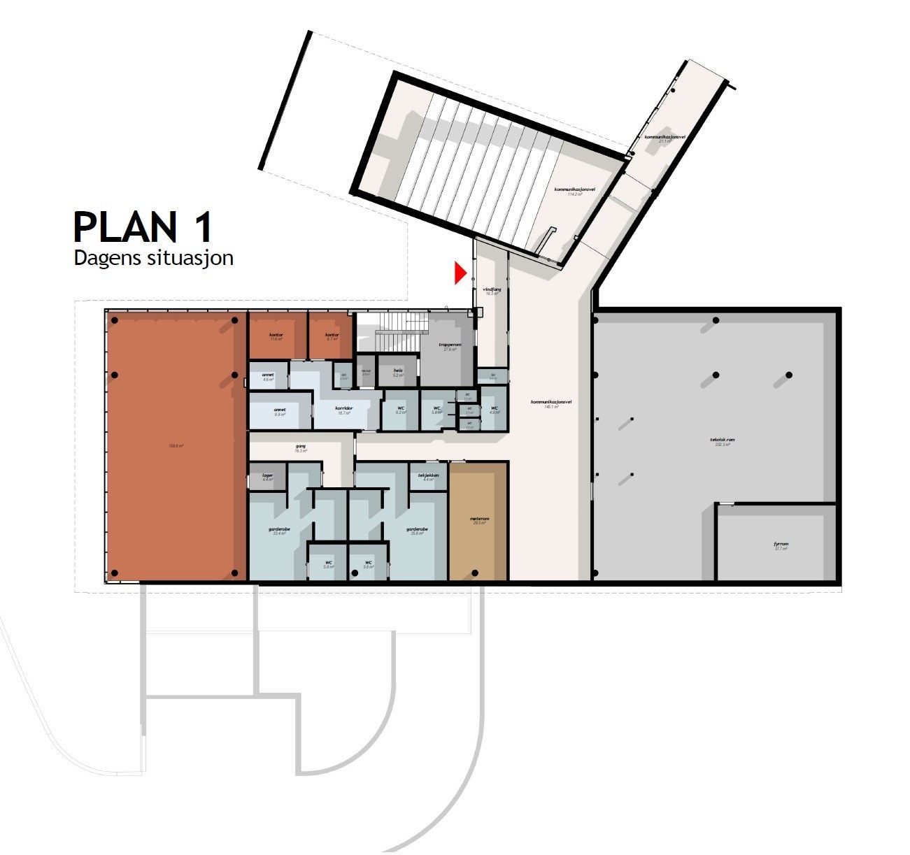Plan 1. eksisterende innredning.