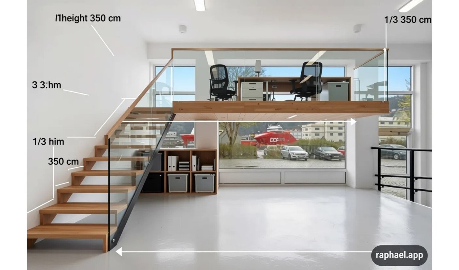 Bildet viser en tenkt løsning med etablering av mesanin, der man får ytterligere plass (ca. 20 m²) og en effektiv utnyttelse. Galleribilde