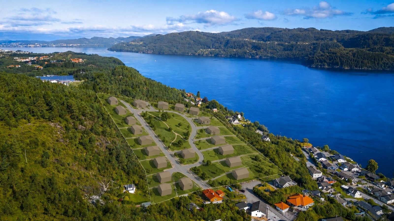 Illustrasjonen er AI-generert og basert på foreliggende planforslag. Bygningskropper og plasseringer er kun illustrative, og det tas forbehold om avvik mellom illustrasjonen og endelig godkjent utbygging.