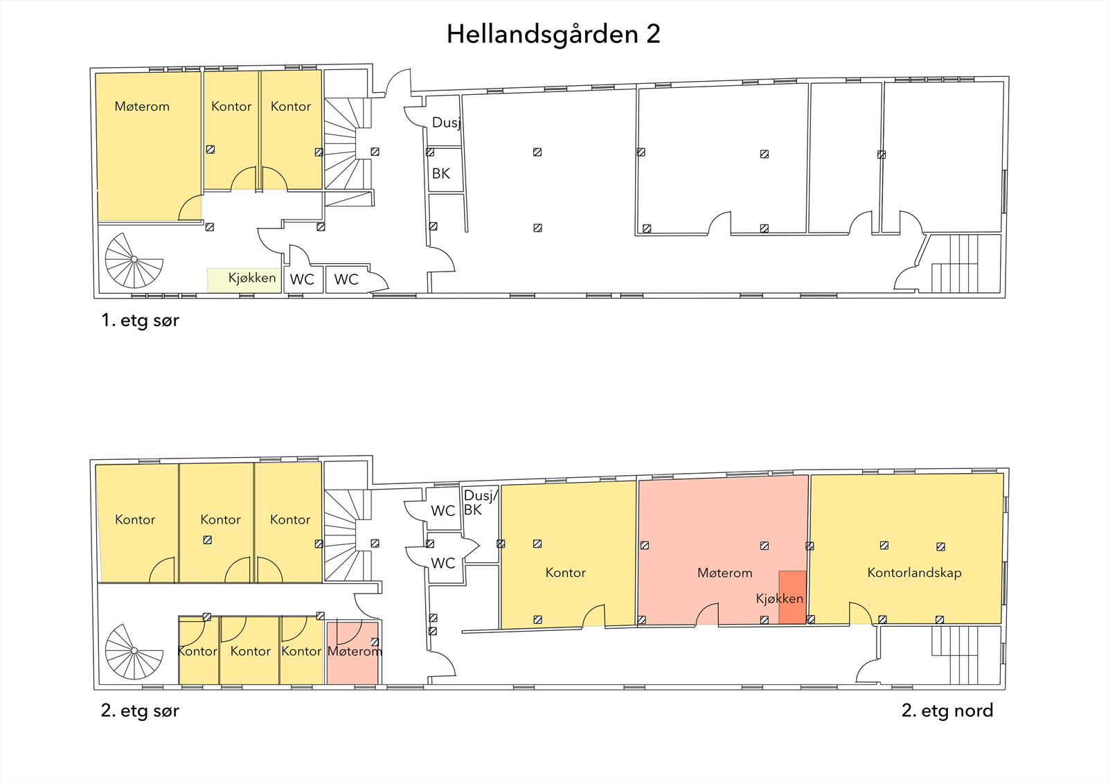 Plantegning ledig areal 1 og 2. etg. Hellandsgården. Areal i 1 + 2. etg. sør BTA 190 m² og areal i 2. etg nord BTA 195 m².