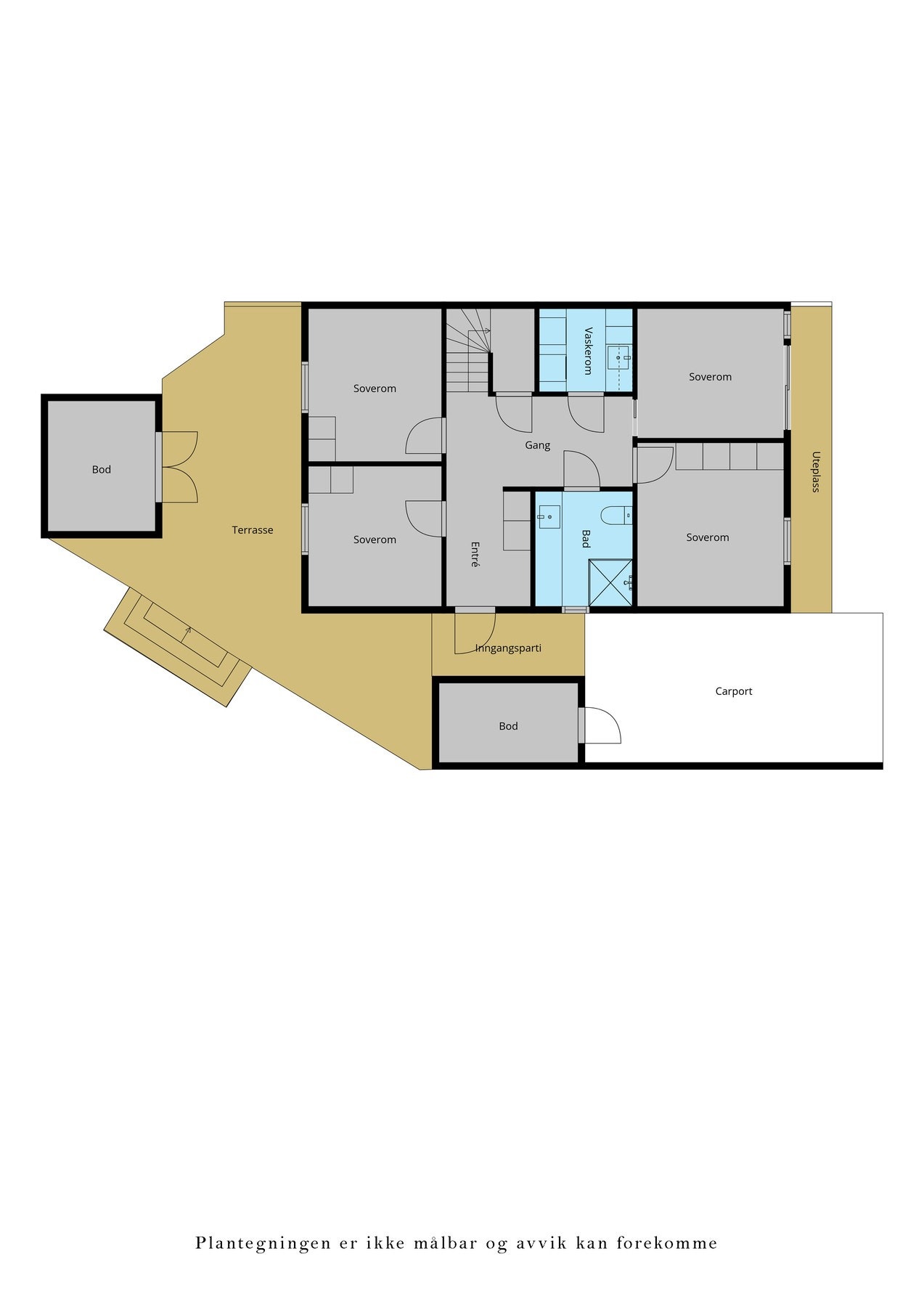 Veiledende plantegning 1. etasje. Under trappen er det bodplass som ikke fremkommer på tegningen. Galleribilde