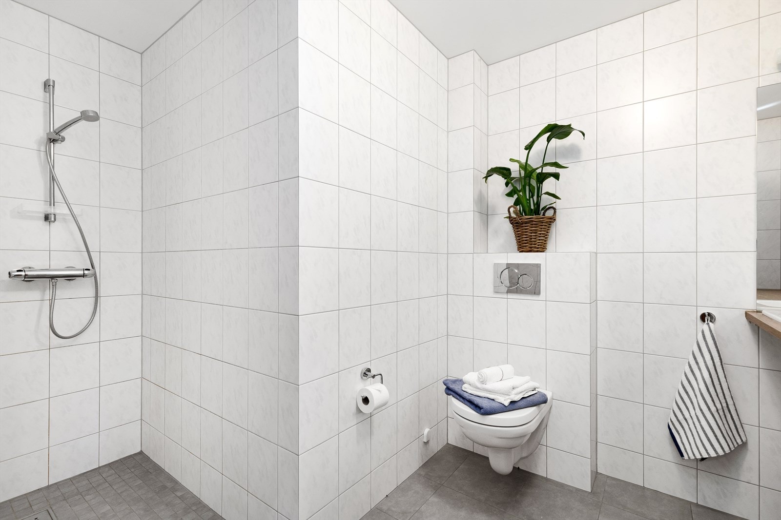 Åpen, romslig dusjnisje på badet. Galleribilde