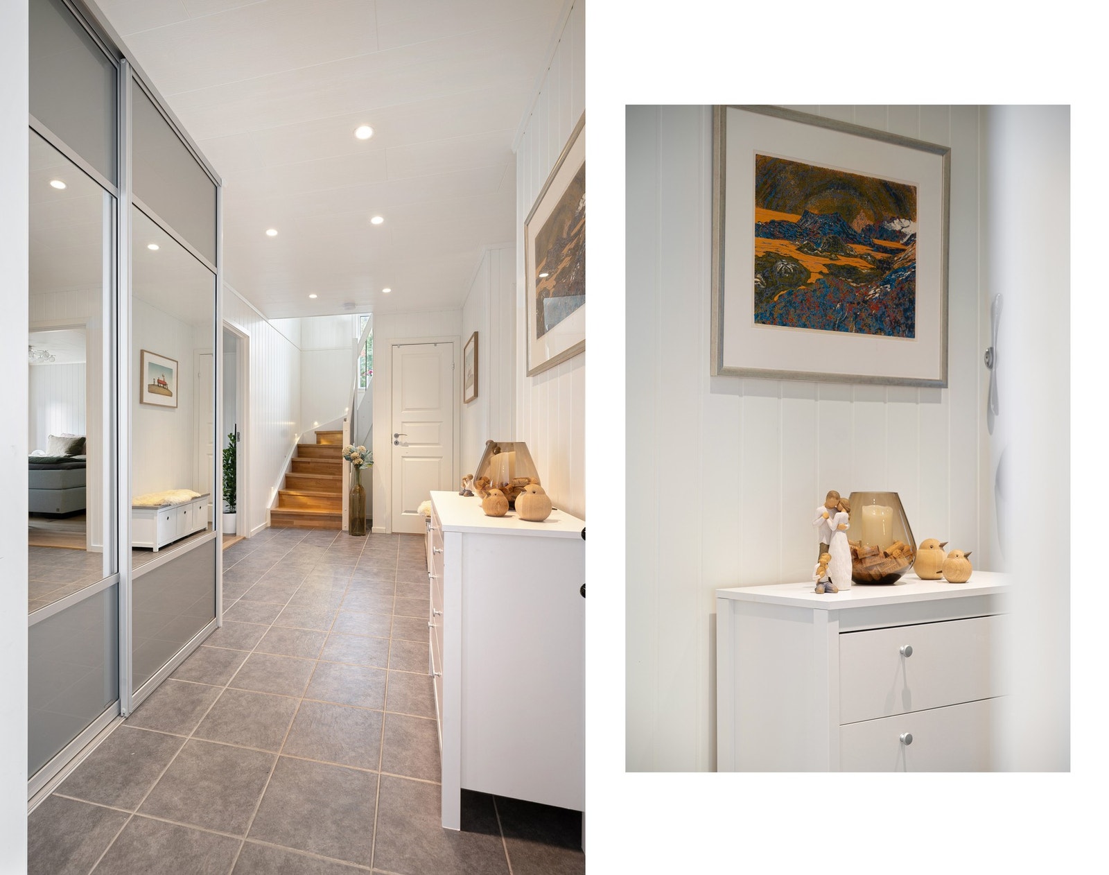 Flislagt entré med skyvedørsgarderobe for sko og yttertøy Galleribilde
