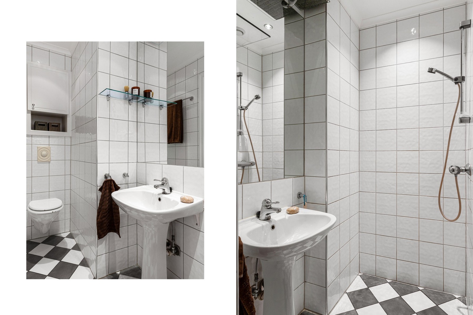 Badet er helfliset med klassiske fliser. Innredningen består av veggmontert servant med speil over, vegghengt toalett og dusjsone. Galleribilde