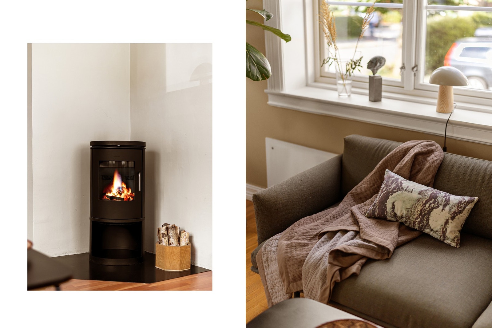 Klassiske detaljer som brede vinduskarmer og profilerte lister understreker boligens sjarm, mens vedovnen tilfører ekstra varme og hygge. Galleribilde