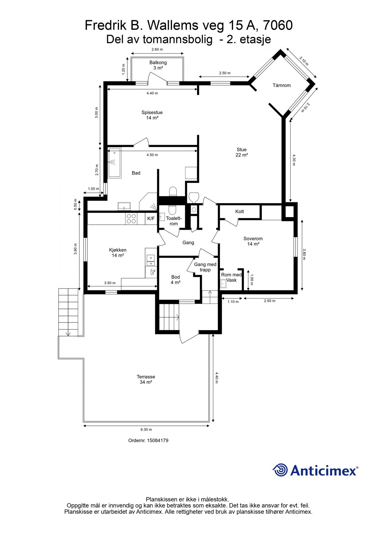 Plantegning 2. etasje med trapperom, bod, gangareal, soverom nr 3, kjøkken, bad, spisestue, stue og tårnrom! Utgang til både balkong og stor takterrasse. Galleribilde