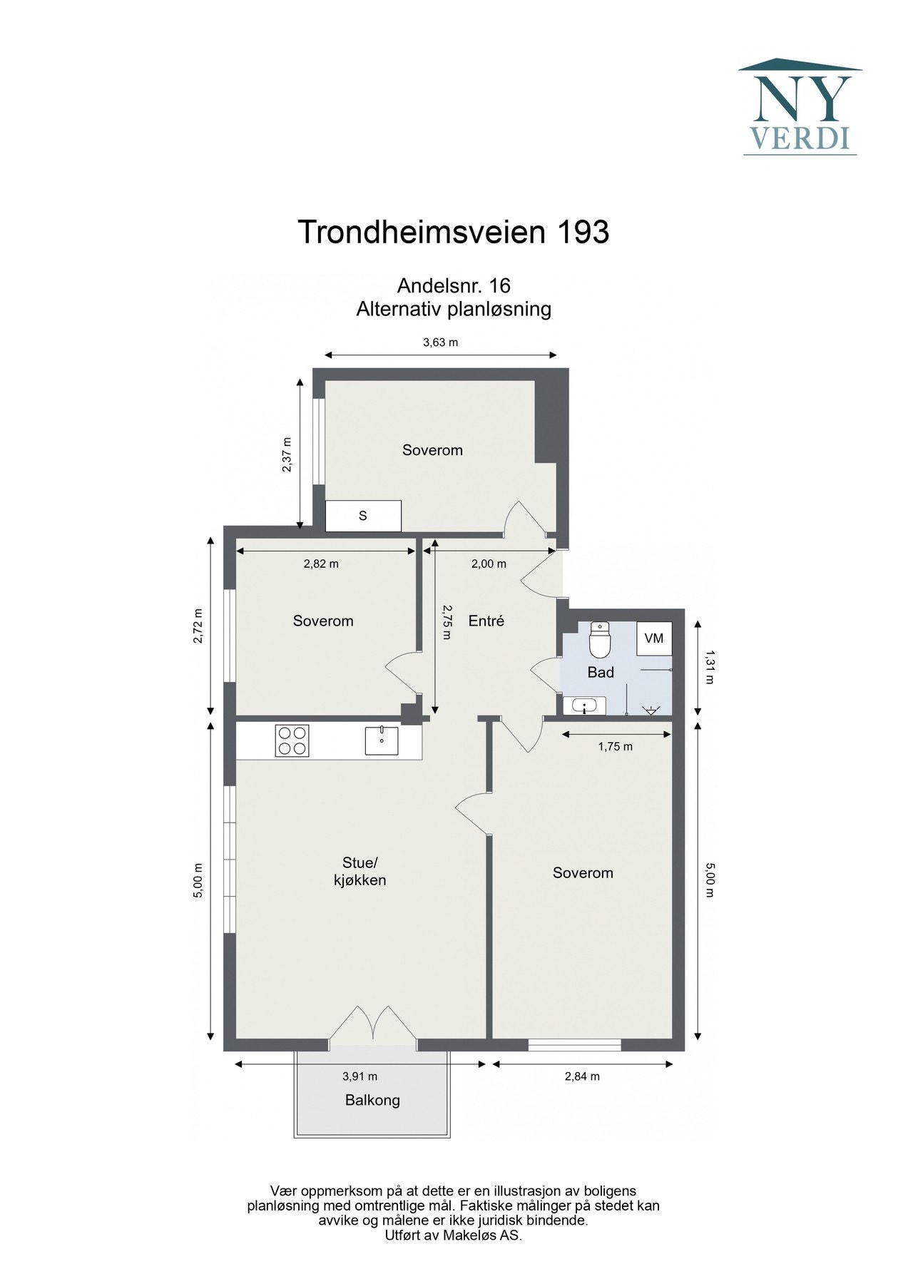 Alternativ plantegning som 4-roms hvor kjøkkenet er flyttet inn til stuen. Galleribilde