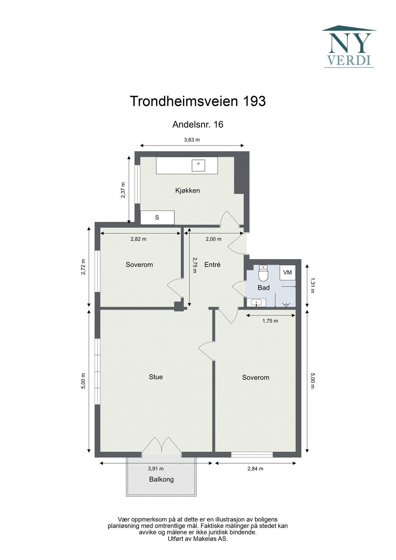 Plantegning. I tillegg disponerer leiligheten en kjellerbod på ca. 2,2 kvm. Galleribilde