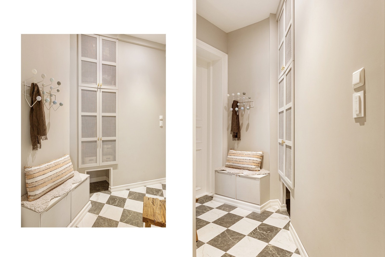 Velkommen inn! Leiligheten har en innbydende entré med spesialtilpasset, avtakbar børstematte på gulvet, mens den videre gangen er flislagt med keramiske fliser. Galleribilde