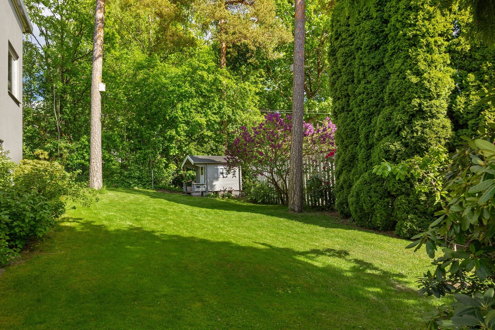 Den store hagen strekker seg rundt huset og har god plass til lek og aktiviteter. Tomt på 1 472,4 m². Galleribilde