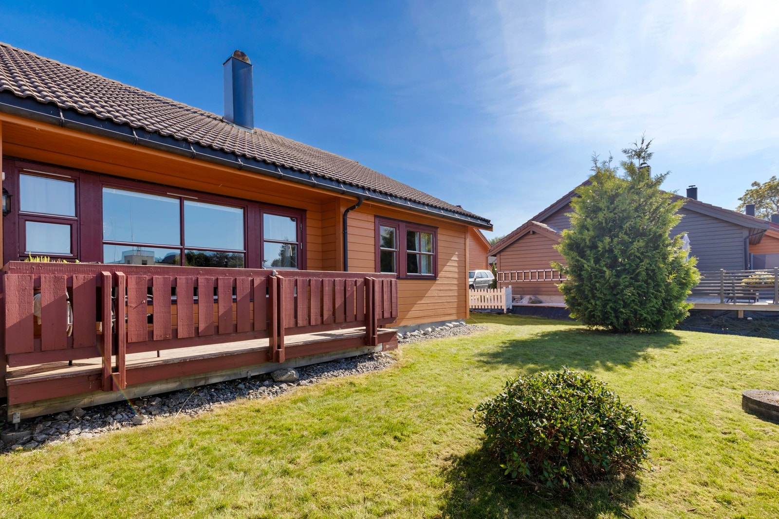 Terrasse og grøntarealer med plen og diverse beplantning. Galleribilde