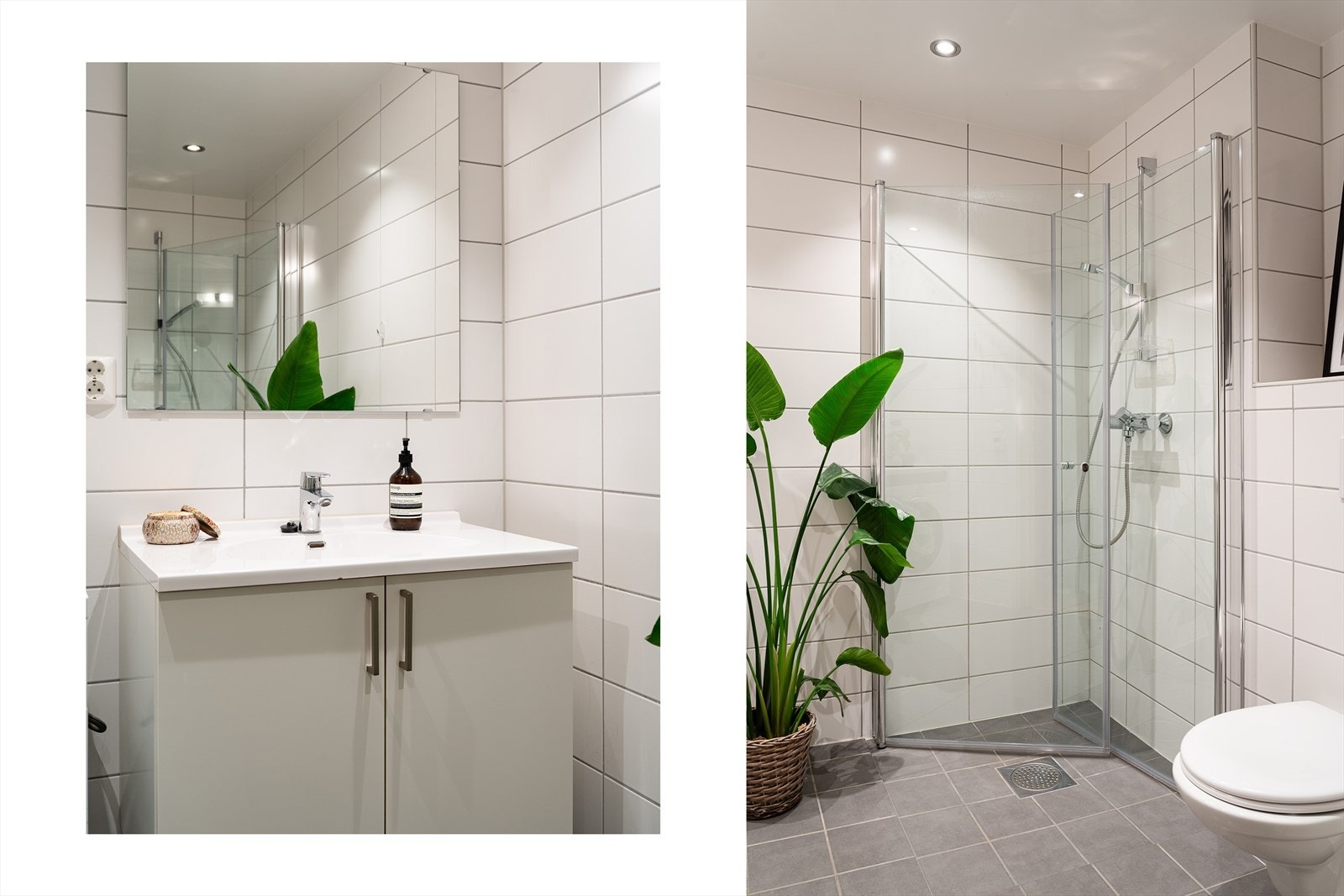Videre er badet innredet med dusjhjørne med innfellbare dusjvegger, vegghengt toalett og opplegg for vaskemaskin. Galleribilde