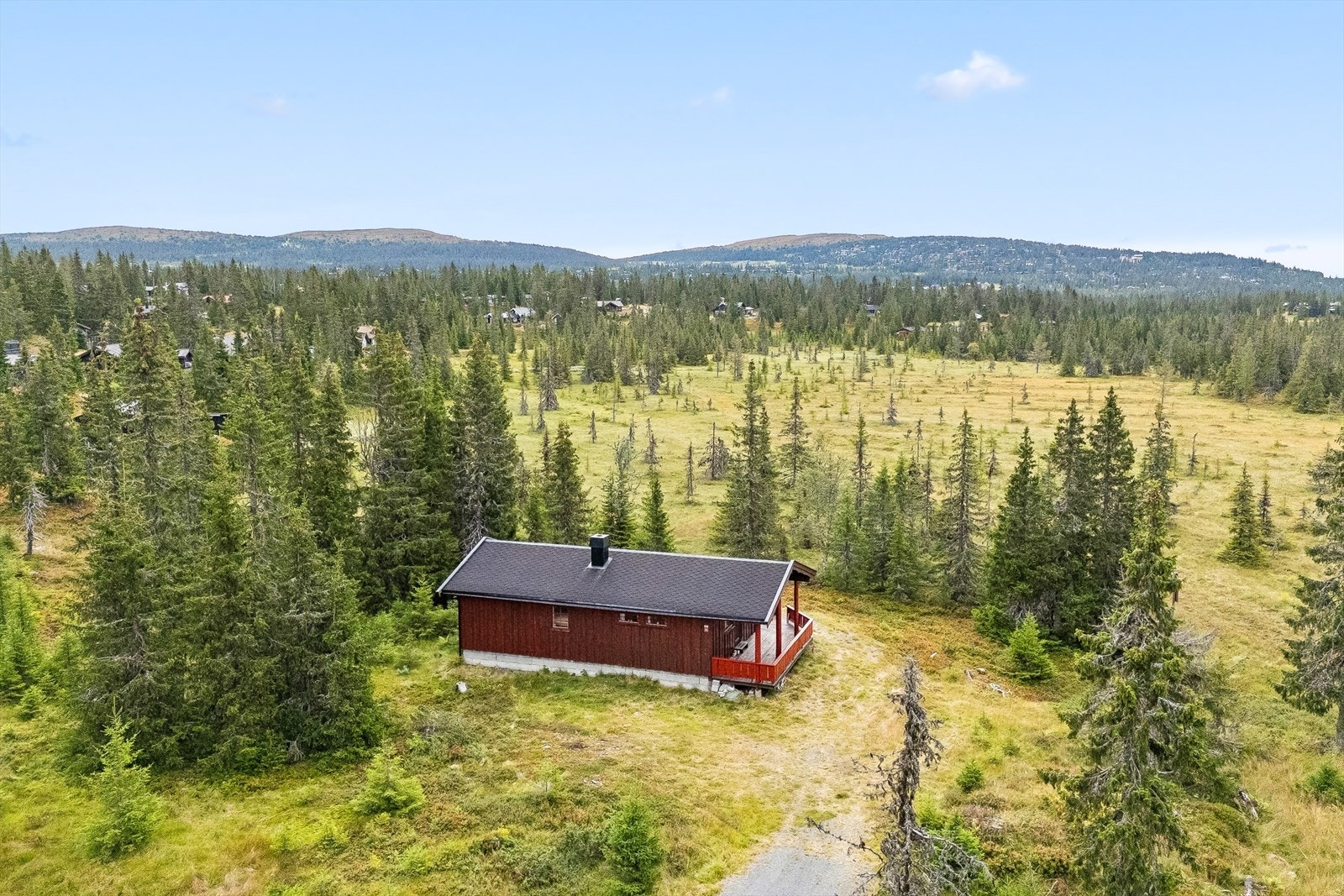 Eiendommen ligger fritt og usjenert til, omgitt av fjellskog og åpent terreng. Galleribilde