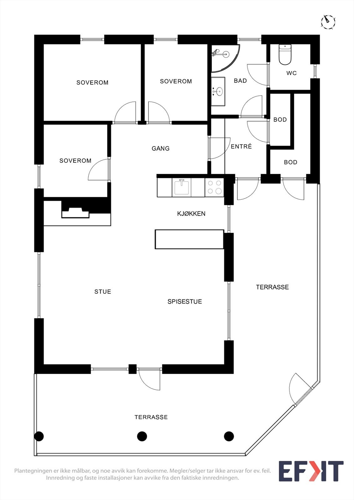 Hytta har en arealeffektiv planløsning med soverommene adskilt fra oppholdsrommene. Galleribilde