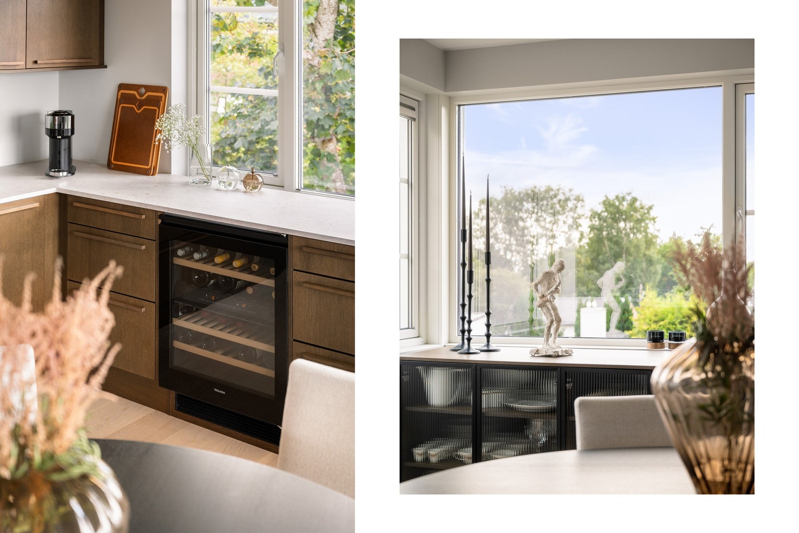 I 2023 ble kjøkkeninnredningen utvidet, samtidig som det ble satt inn et eksklusivt vinskap fra Miele og en lekker skjenk med glassfronter. Galleribilde