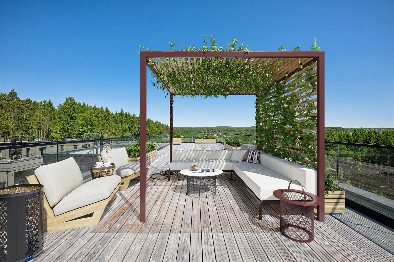 Stor takterrasse med flere muligheter for møblering. Her digitalt møblert. Det er også klargjort for jacuzzi på takterrasse Galleribilde