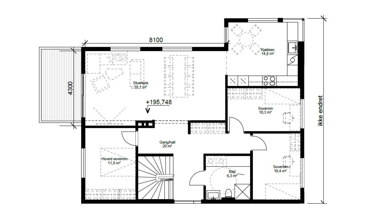 Planlagt romløsning for boligens hovedetasje på 113 kvm som etter ombygging er planlagt å bestå av gang, kjøkken, stue med utgang til balkong, 3 soverom og bad, trappegang til loft. Galleribilde