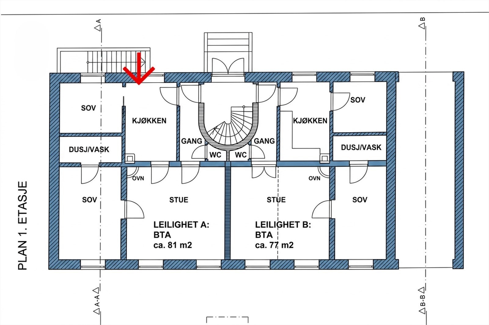 PLanskisser-1. etg. Aktuell leilighet markert med pil. Areal oppgitt er brutto. Bruksareal er 67. Galleribilde