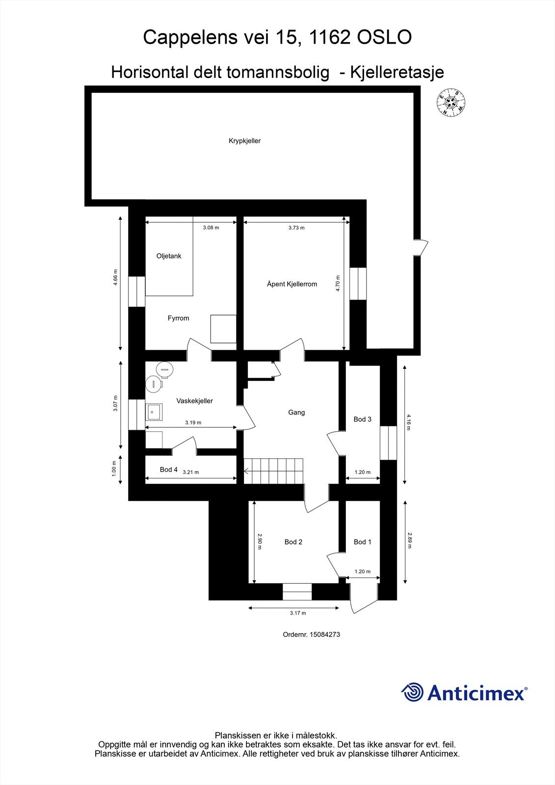 Kjelleretasjen inneholder trappegang, vaskekjeller, fyrrom, åpent kjellerrom og 4 boder Galleribilde