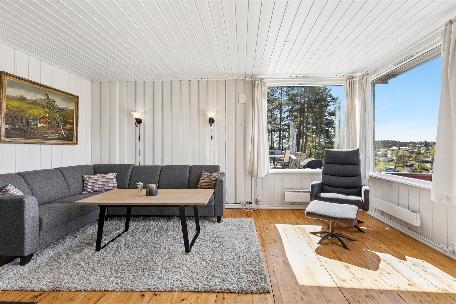 Stuen har store trevinduer med 2-lags glass som gir både godt lysinnslipp og flott utsikt. Galleribilde