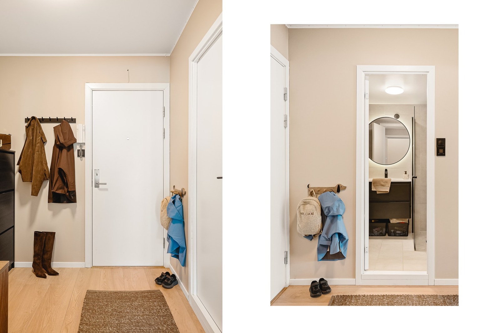 Velkommen inn! Leiligheten har en romslig entré på 4,4 m² med gode muligheter for garderobe og oppbevaring av sko og yttertøy. Galleribilde