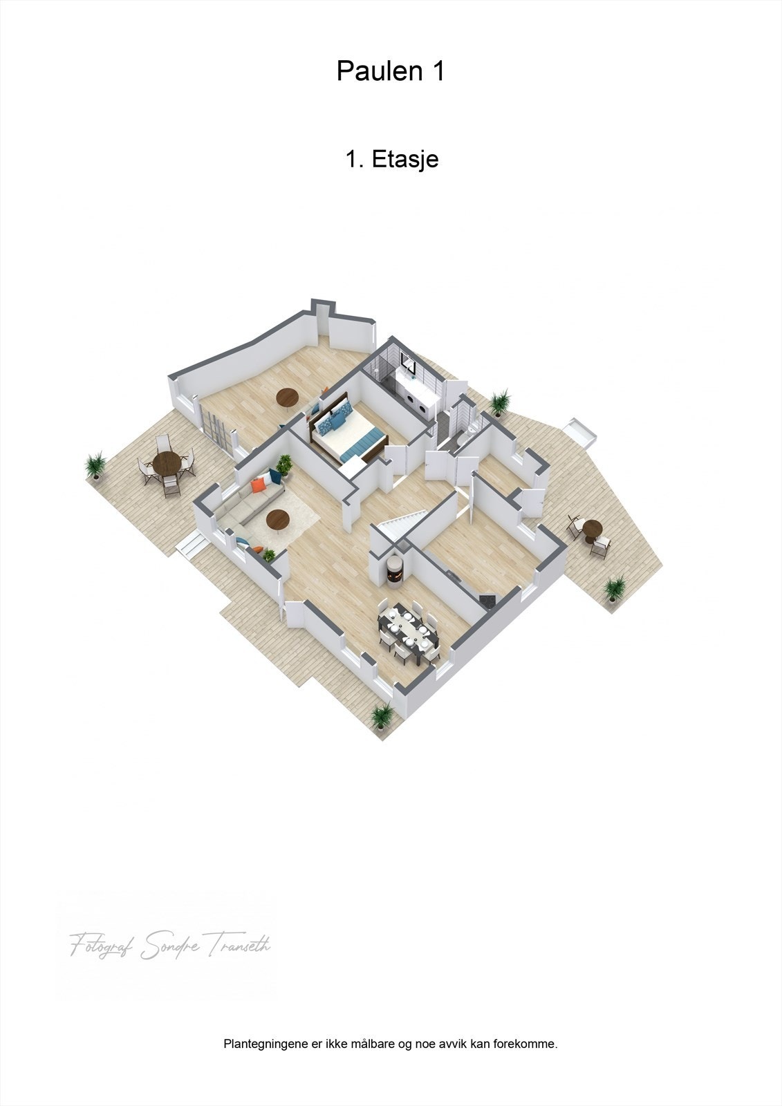 Planløsning 1. etg.: vindfang/entre, toalettrom, vaskerom, hall, kjøkken, soverom 1, stue/spisestue med tilkomst til hage. Galleribilde